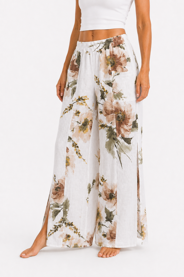 Floral Print Pants - Olive Green, model view