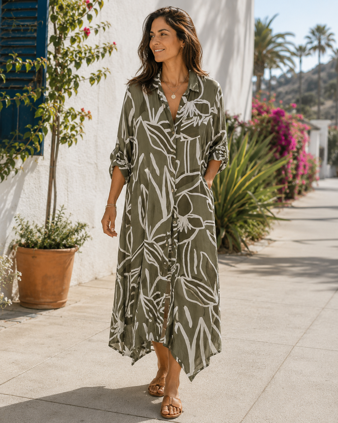Botanical Lines Duster - Olive, model view