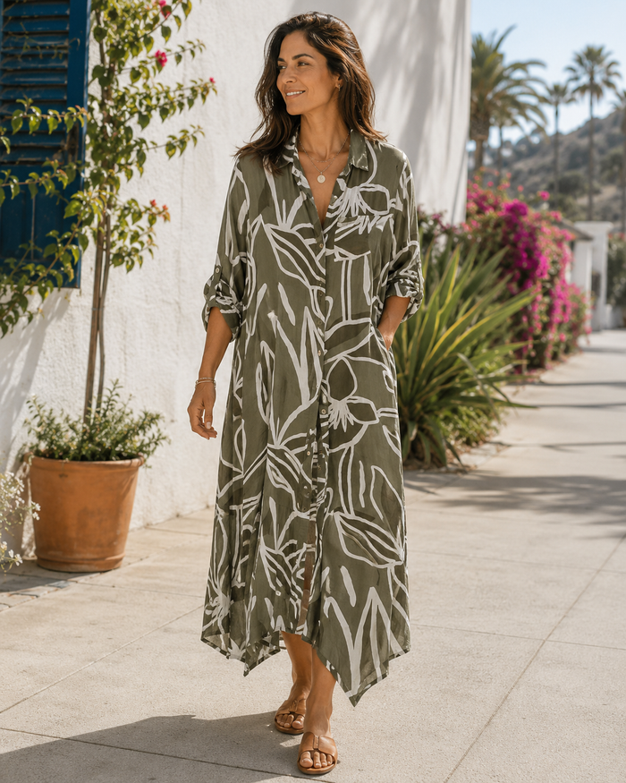 Botanical Lines Duster - Olive, model view
