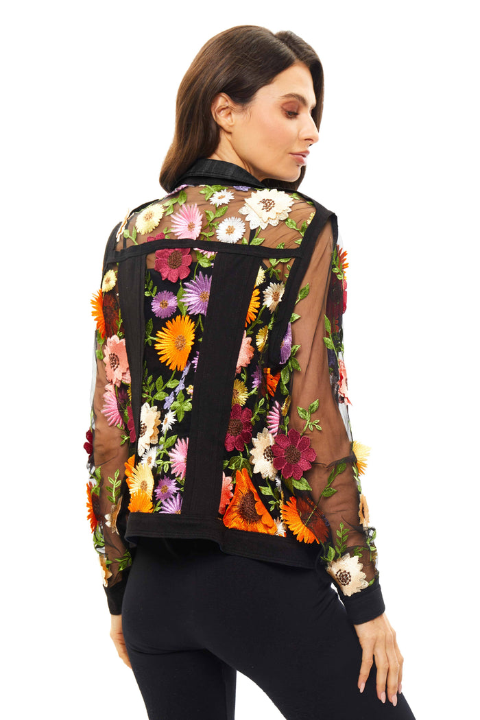 Denim Lace Jacket with Floral Embroidery