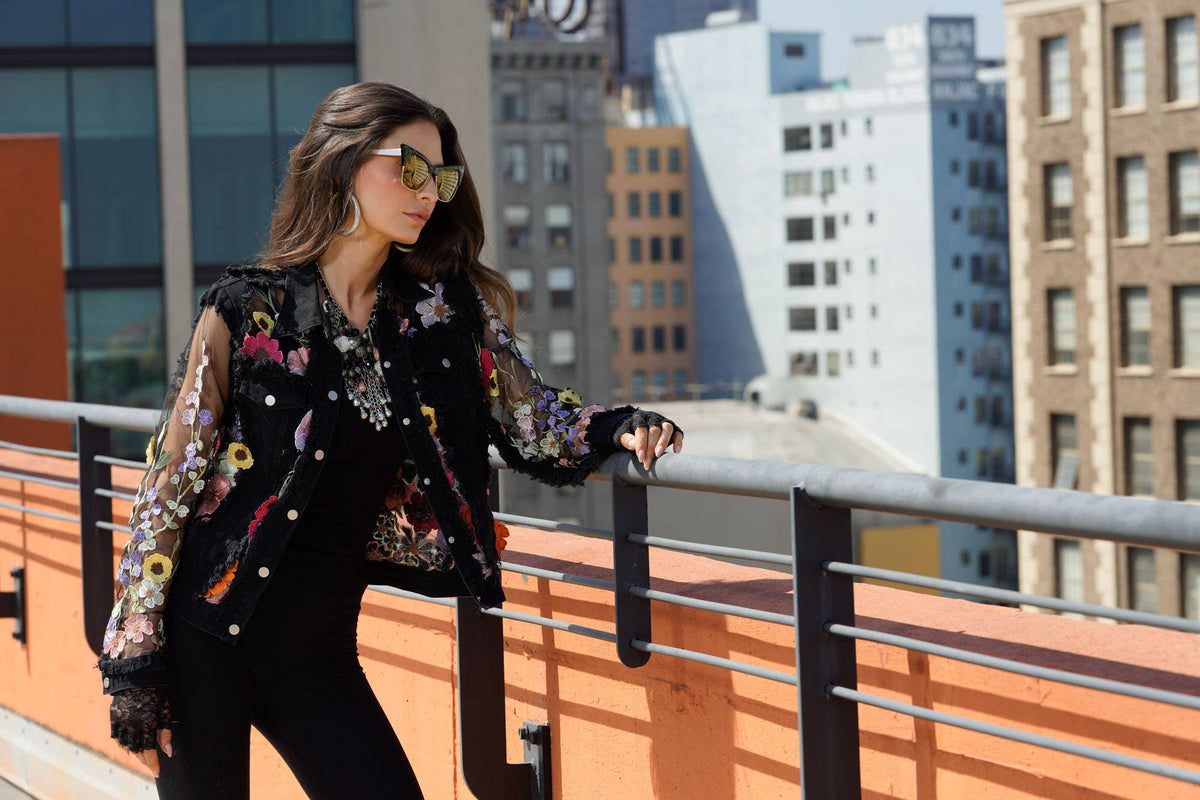 Denim Lace Jacket with Floral Embroidery