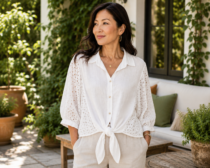 Front Tie Blouse - White, model view