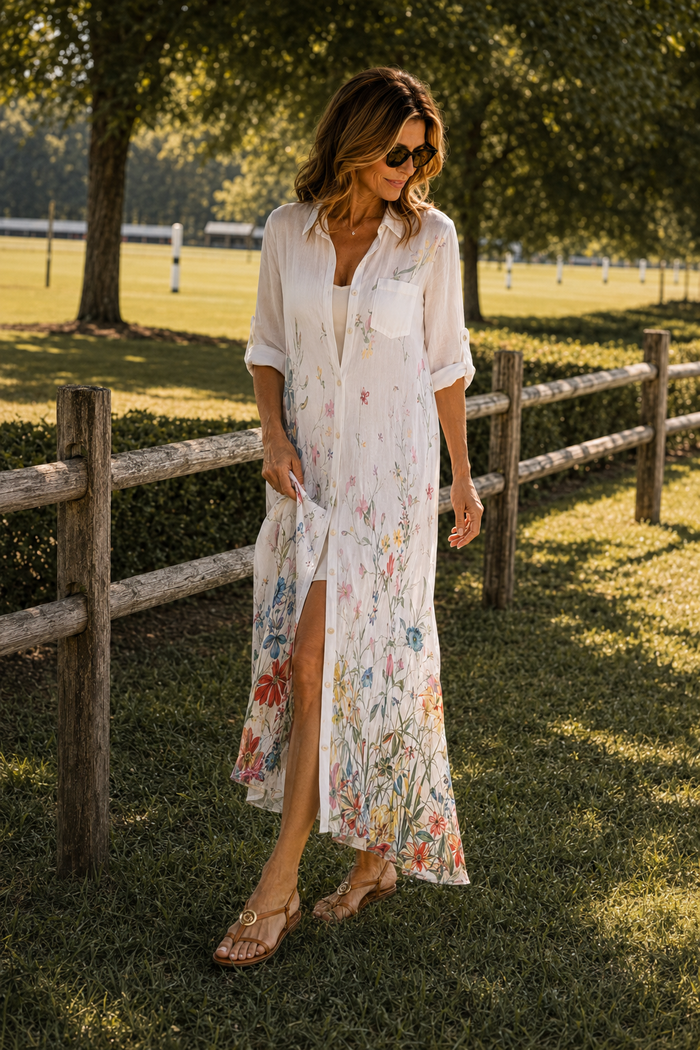 Floral Print Duster - White, outdoor model