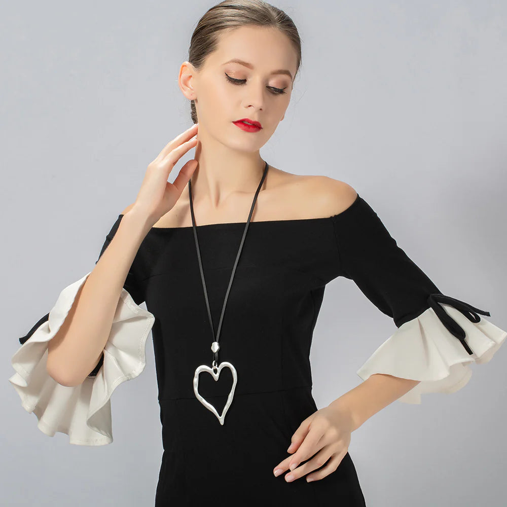 Open Heart Pendant Necklace - Gold with Camel Cord, close-up