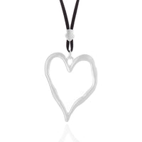 Open Heart Pendant Necklace - Silver with Black Cord, model view