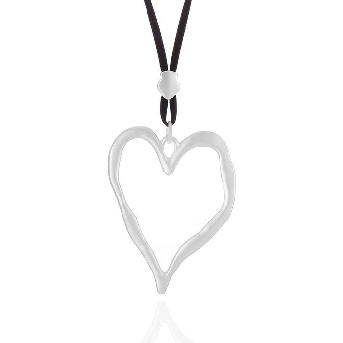 Open Heart Pendant Necklace - Silver with Black Cord, model view