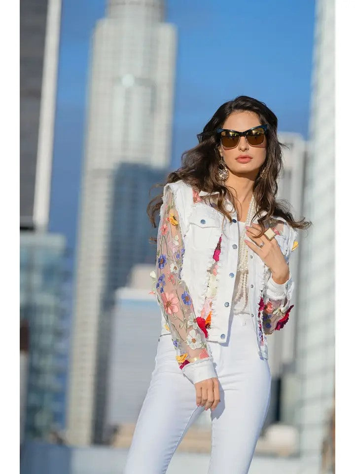 Denim Lace Jacket with Floral Embroidery