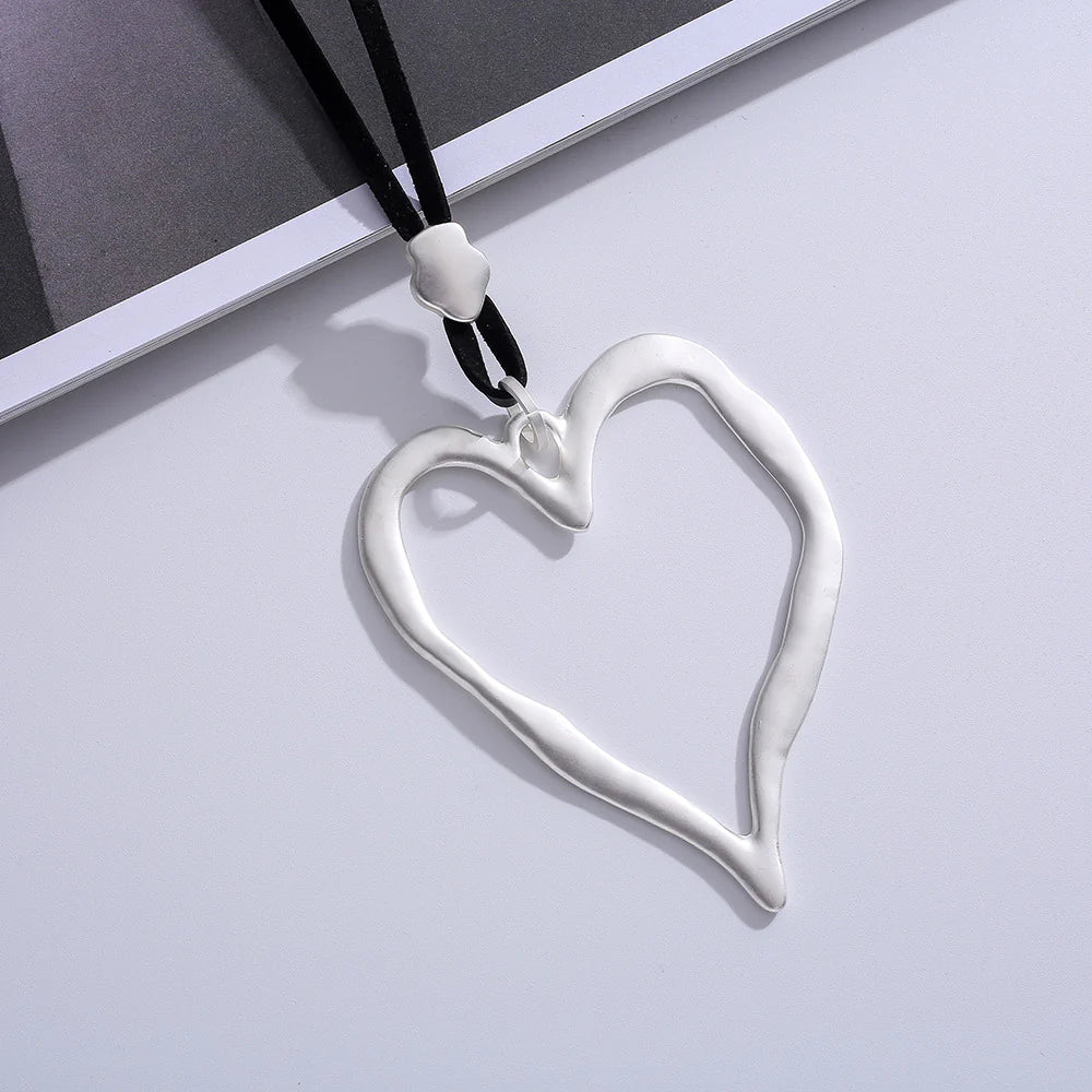 Open Heart Pendant Necklace - Gold with Camel Cord, adjustable cord detail