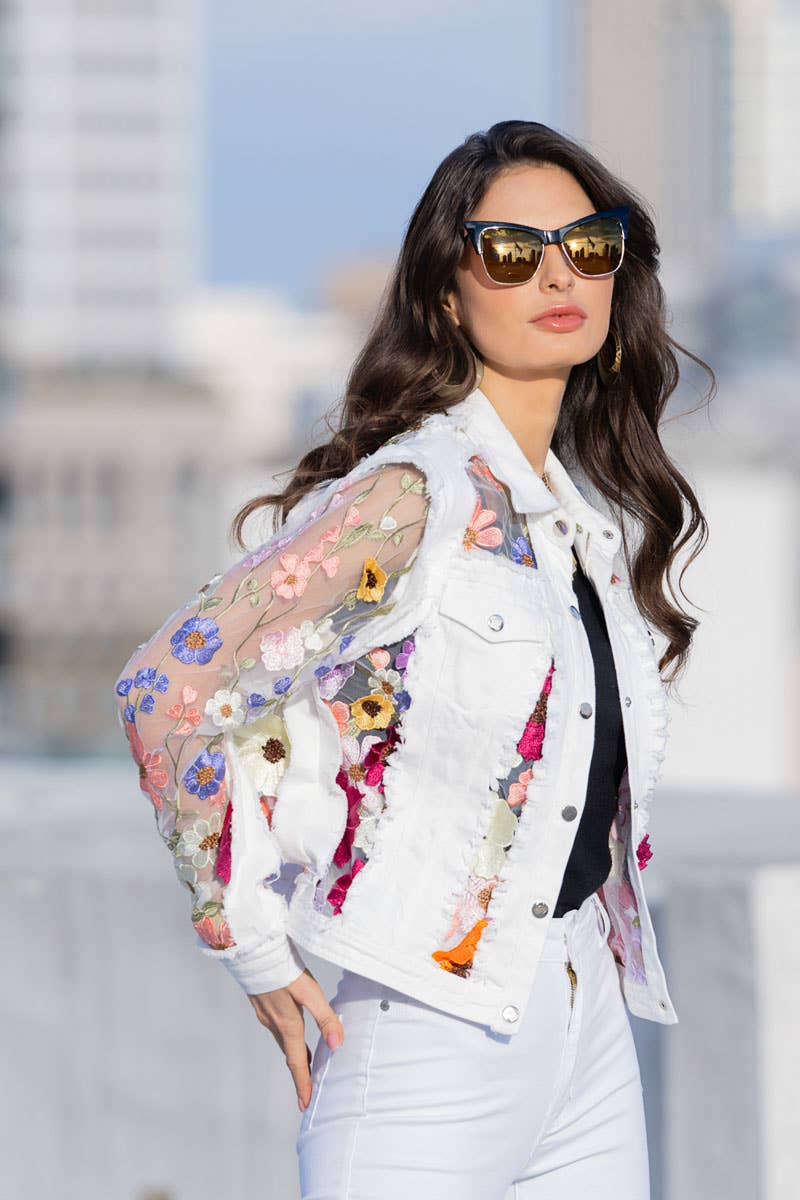 Denim Lace Jacket with Floral Embroidery